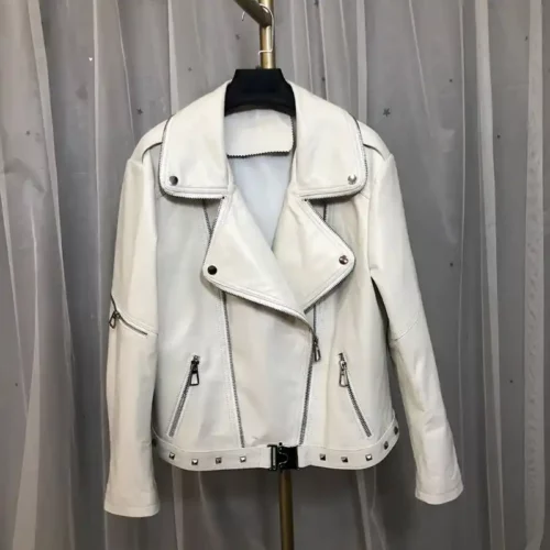 women's asymmetrical cropped moto leather jacket
