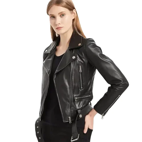women's lambskin black leather moto jacket