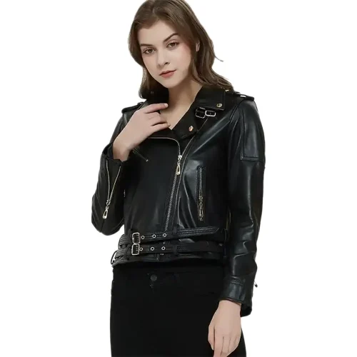 women's motorcycle black asymmetrical leather jacket