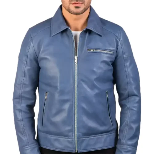 mens lavendard blue leather biker jacket