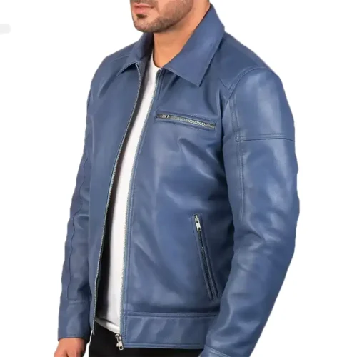 mens lavendard blue leather biker jacket