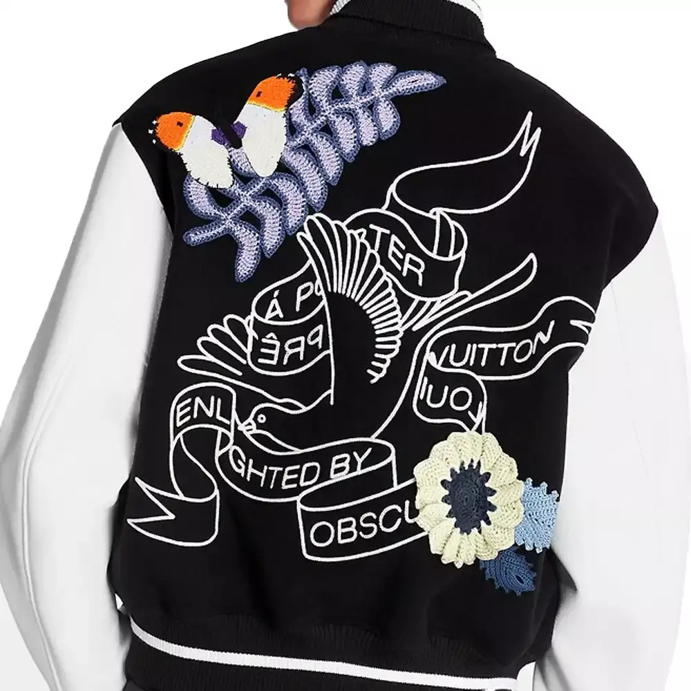 louis vuitton crochet flowers varsity jacket replica