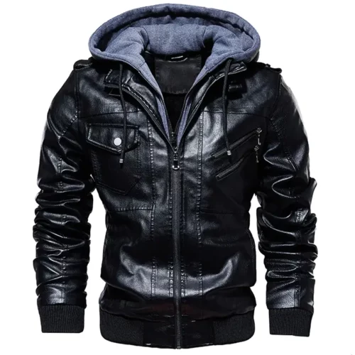 mens hooded leather bomber jacket
