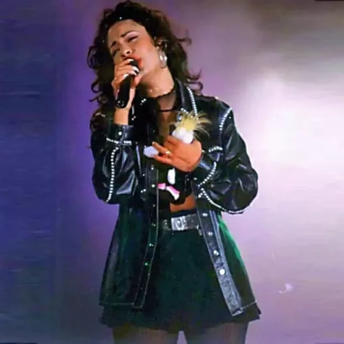 singer selena quintanilla black leather studded coat