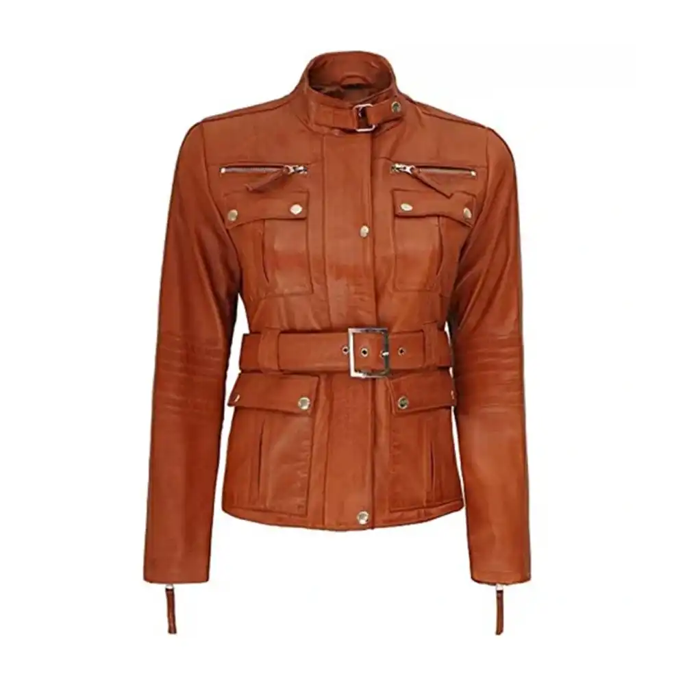 Women Brown Belted Leather Jacket Jackets Mob