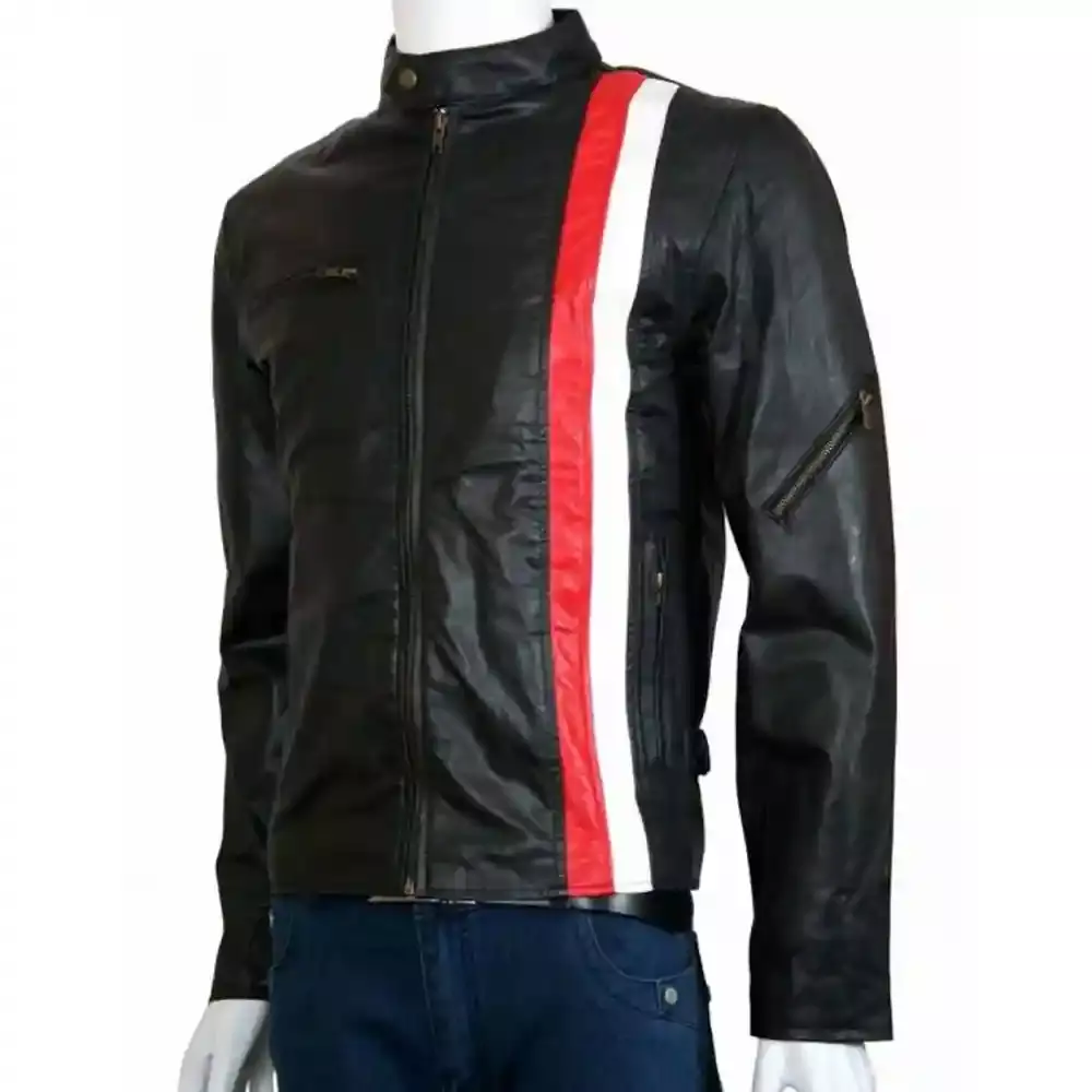 Mens Red & White Striped Black Leather Jacket | Jackets MOB