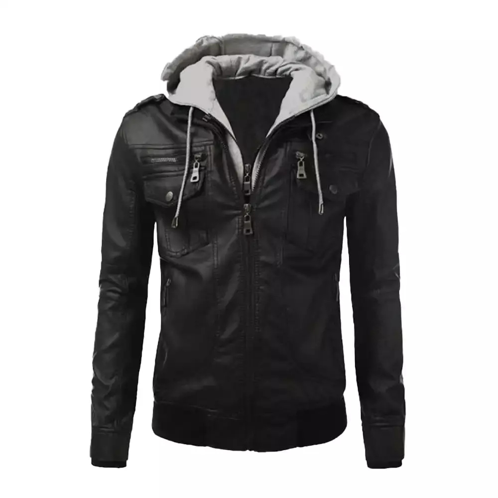 Mens Black Leather Jacket with Grey Hood | Jackets MOB