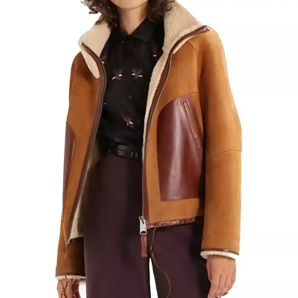 Womens Shearling Collar Brown Suede Leather Jacket JM