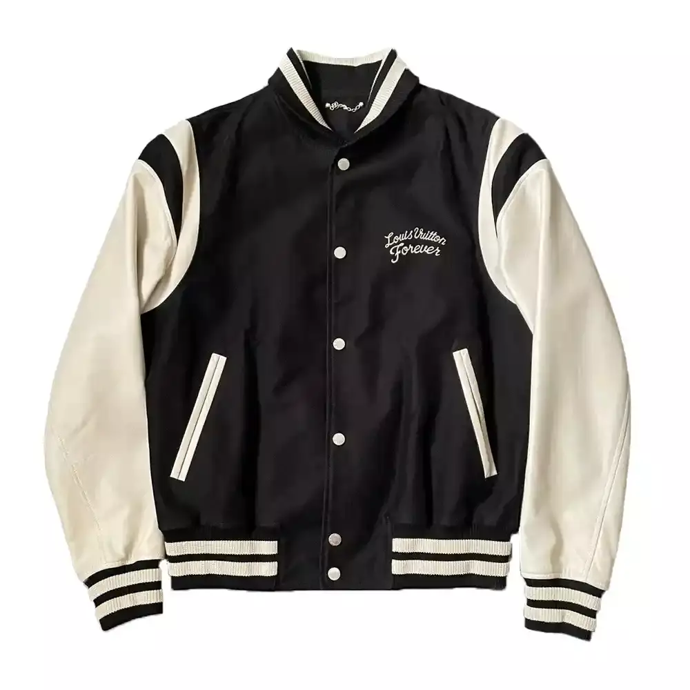 mens-louis-vuitton-forever-black-white-leather-varsity-jacket-replica