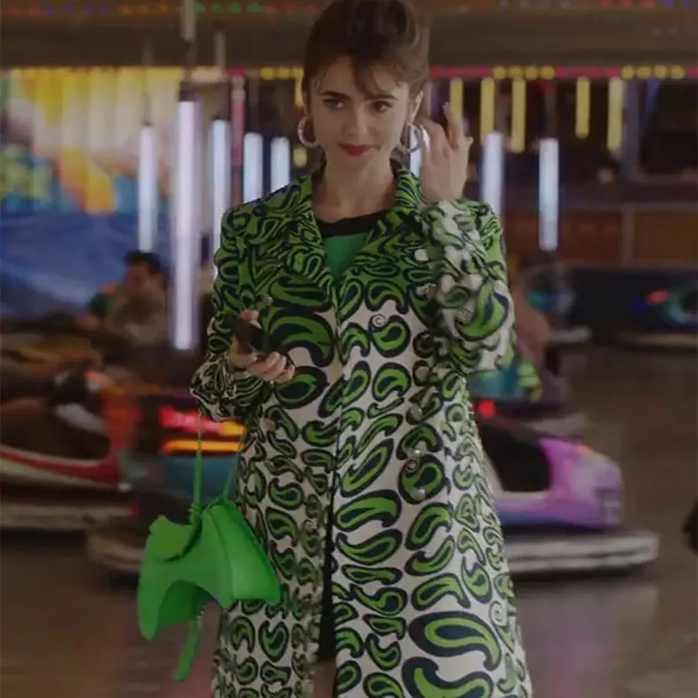 emily in paris s03 lily collins green printed coat