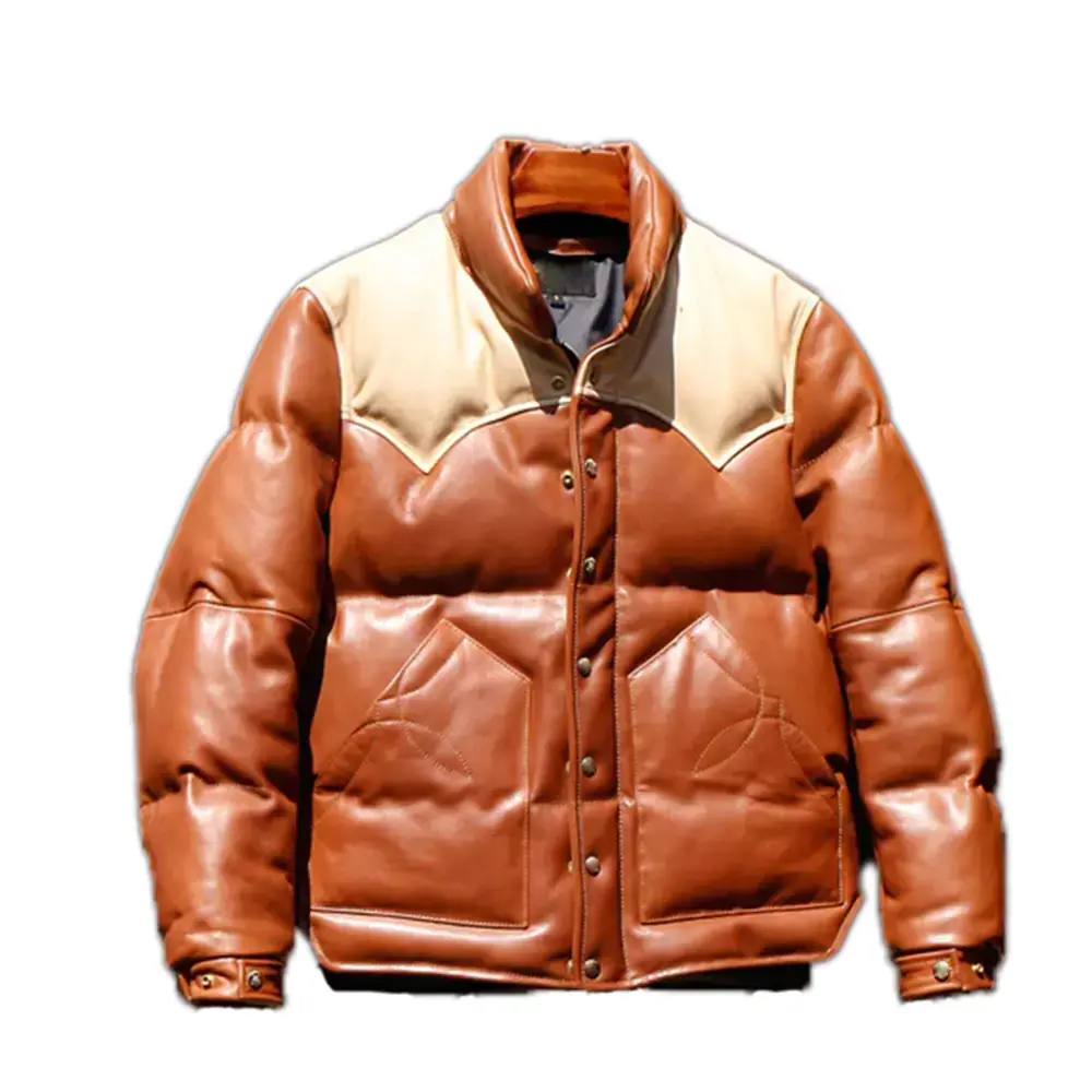rust designer puffer leather jacket