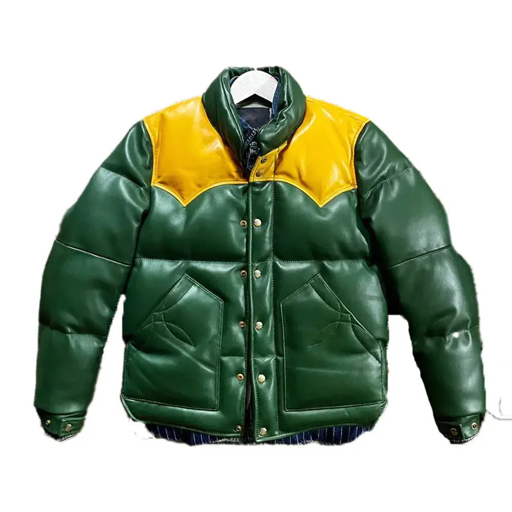green designer puffer leather jacket