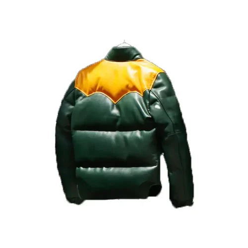 green designer puffer leather jacket